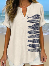 Damen Vintage Fisch Kunstdruck Leinen hemd